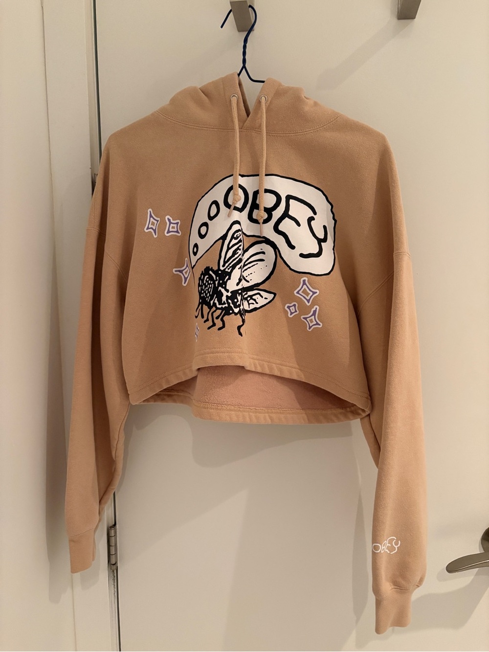 Obey Cropped Graphic Hoodie - Tan